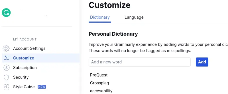 grammarly personalised dictionary