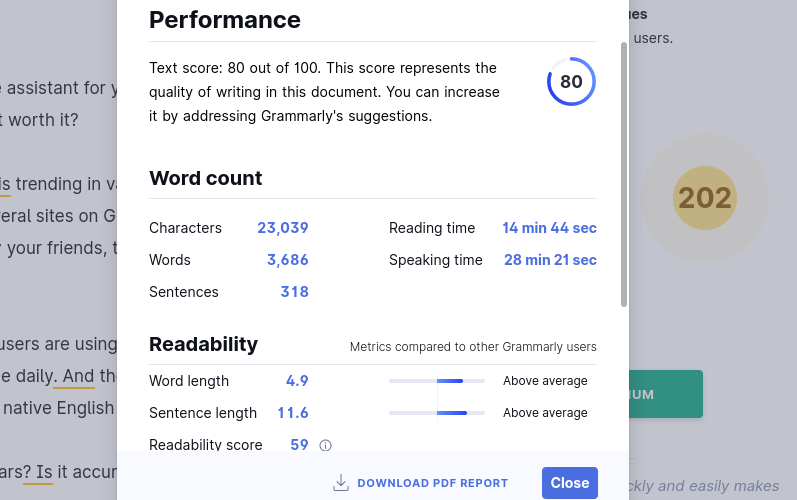 performance report of grammarly